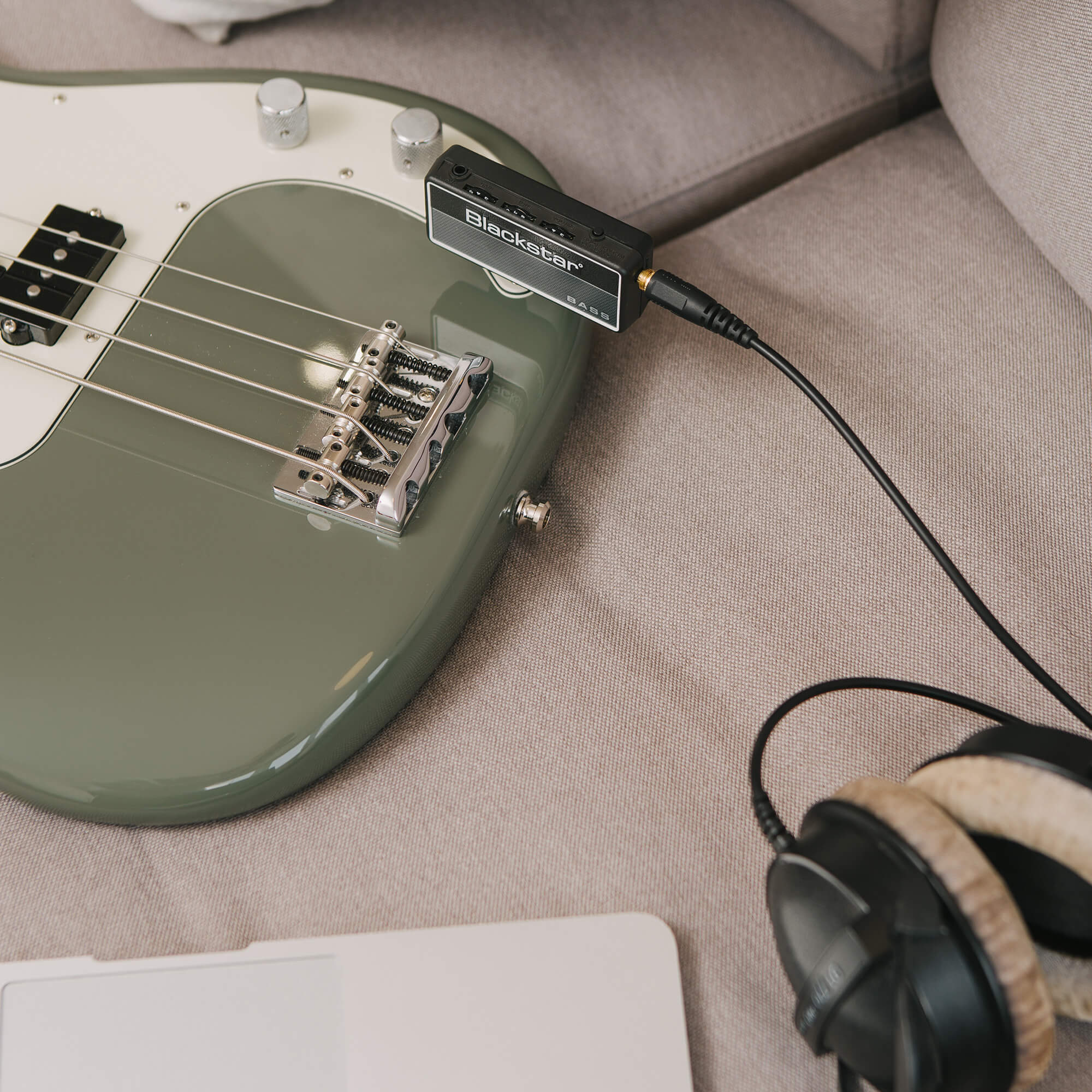 Blackstar amplug 2 FLY Bass amp plugged into electric bass and headphones