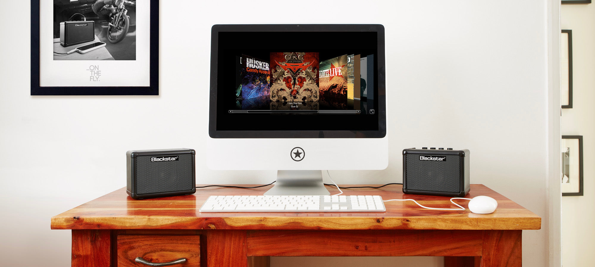 Blackstar Amps FLY 3 bass mini amplifiers on desk