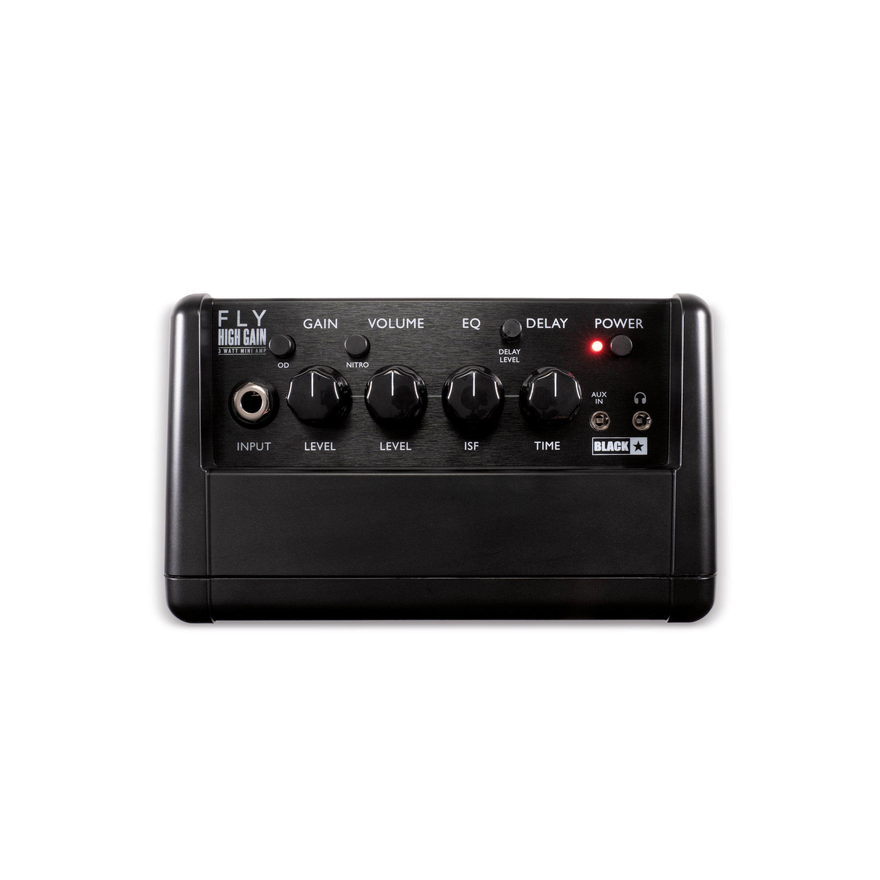Black guitar effects pedal with various controls on a white background