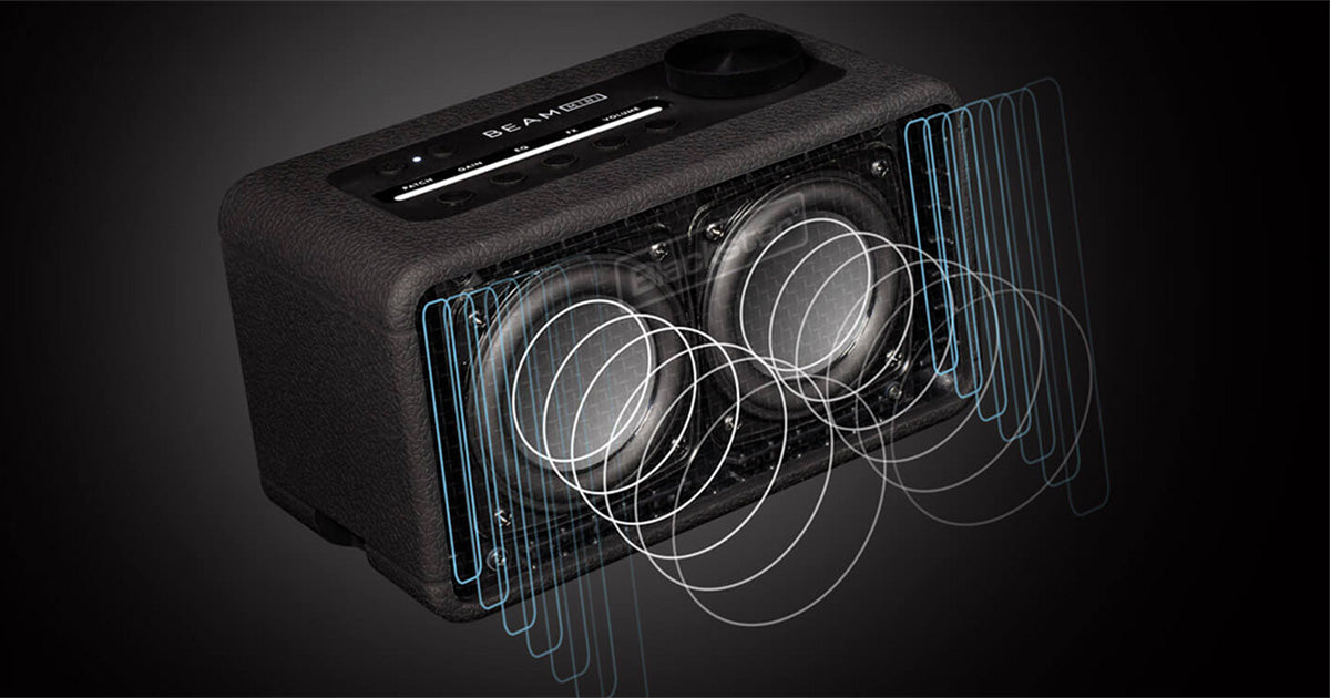 Beam Mini with sound wave graphics on a dark background