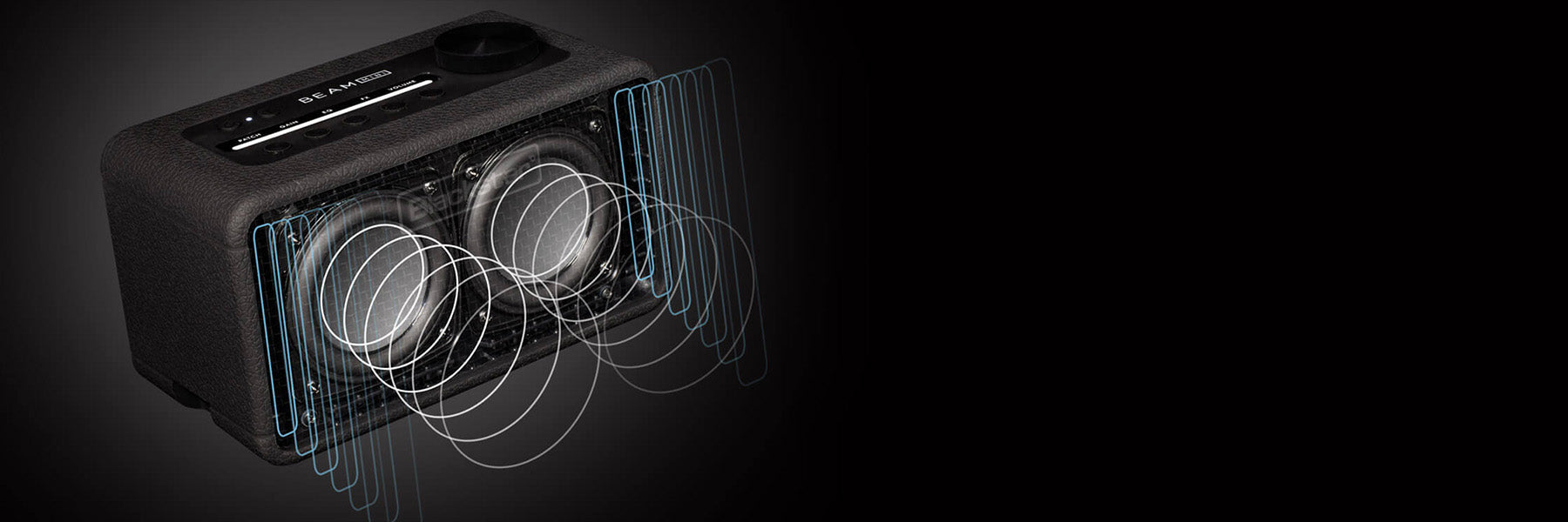 Beam Mini with sound wave graphics on a dark background